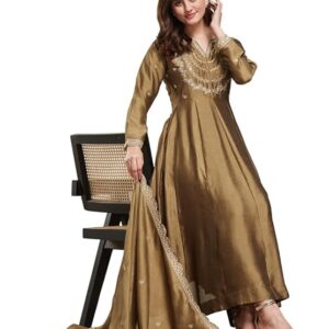 mokosh women's silk embroidered anarkali kurta and pant set with dupatta | 3 piece ethnic kurta set for women | regular fit traditional outfit | festive kurta set