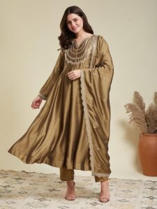 mokosh women's silk embroidered anarkali kurta and pant set with dupatta | 3 piece ethnic kurta set for women | regular fit traditional outfit | festive kurta set