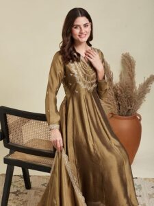 mokosh women's silk embroidered anarkali kurta and pant set with dupatta | 3 piece ethnic kurta set for women | regular fit traditional outfit | festive kurta set